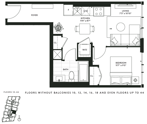 Floor plan for 1 bed, 1 bath, 526 sqft